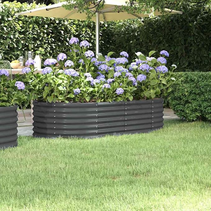 YAFF Modern Oval Raised Garden Bed Anthracite Powder-Coated Steel Planter Box for Vegetables &amp Flowers 59.8 Large Outdoor Planters for Balcony Patio Small Space Gardening