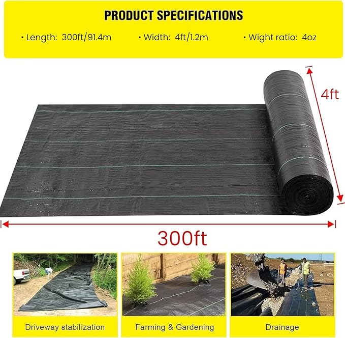 DWALE Driveway Fabric 4x300 ft Polyethylene 4OZ Woven Black Weed Barrier Fabric for Erosion Control Landscaping &amp Construction Projects