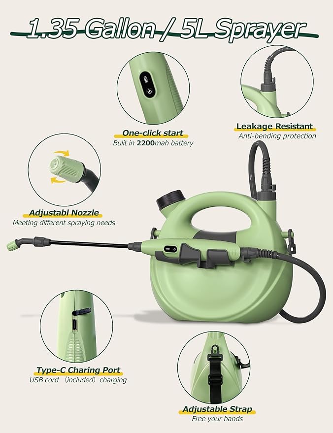 innhom Garden Sprayer Battery Powered Sprayer Electric Sprayers in Lawn and Garden with Adjustable Nozzle 1.35 Gallon/5 L