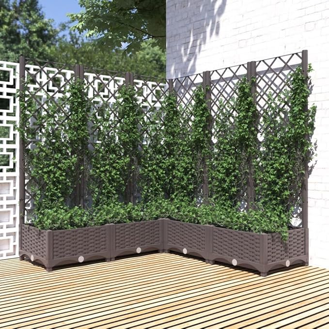 vidaXL Garden Planter with Trellis Brown Outdoor Polypropylene 47.2X47.2X47.8 in Perfect for Climbing Plants Matte Finish Ideal for Balconies Patios and Gardens Raised Bed Flower Box Plant Pot