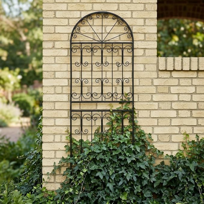 SCENDOR 1 Pack 82.7 H x 26.7 W Extra Tall Arched Metal Garden Trellis - Heavy-Duty Black Iron Scrollwork Fence for Climbing Vines Roses and Ivy - Decorative Privacy Screen for Patio and Backyard