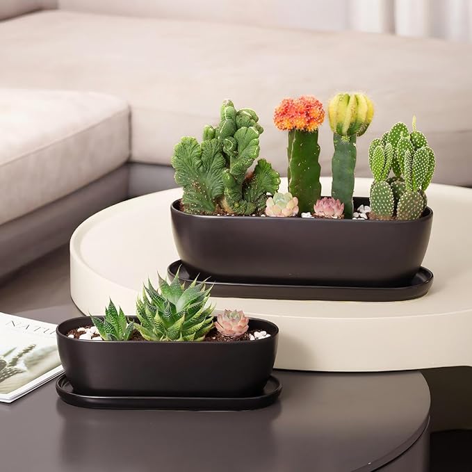 E-liu Oval Ceramic Planter Pot with Drainage Hole Saucers 11 Inch Succulents Planter Home Decor for Indoor Outdoor Plants Herb Cactus with 3 Mesh Pads Plants Not Included Black