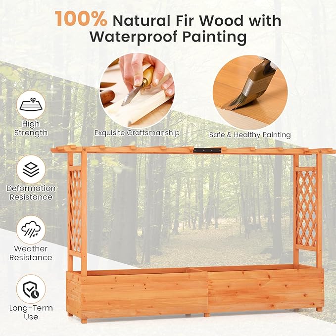 S AFSTAR 45-Inch Raised Garden Bed with Arch Trellis Hanging Roof Planter Box Drainage Holes Vertical Plant Container for Vine Climbing Plant Flower Flower Bed Wood Planter for Indoor &amp Outdo