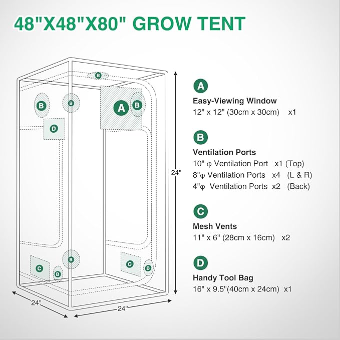Yesker 4x4 Grow Tent 48x48x80 High Reflective Mylar Indoor Growing Tents 600D Oxford Cloth with Observation Window and Removable Floor Tray for Hydroponics Indoor Plants Fruit Flower Veg Growing