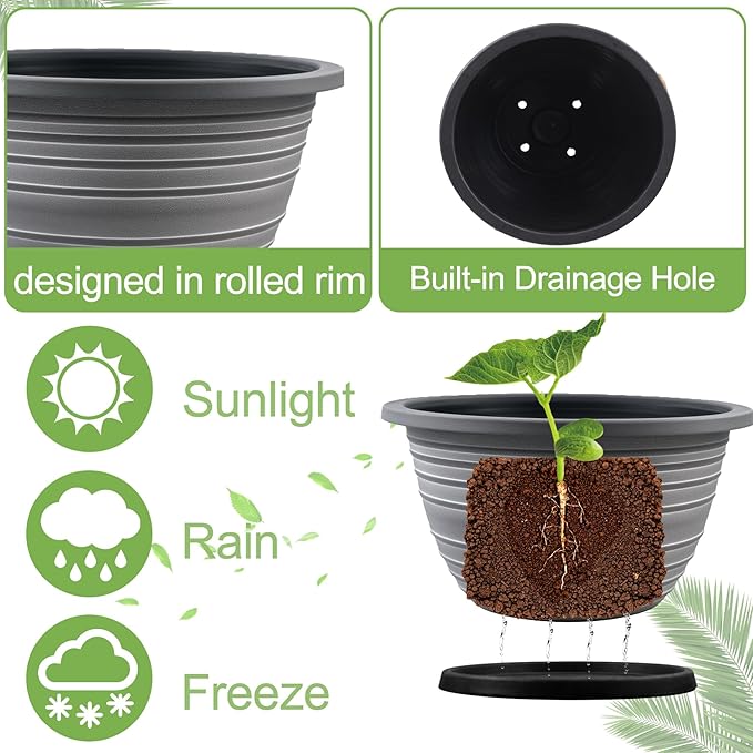 Large-Planter-Indoor-Outdoor Plant Pots 12 inch 3 Pack Plastic Flower Pots with Saucer and Drainage Holes Retro Antique Imitation Decorative Garden Containers Sets for Houseplant