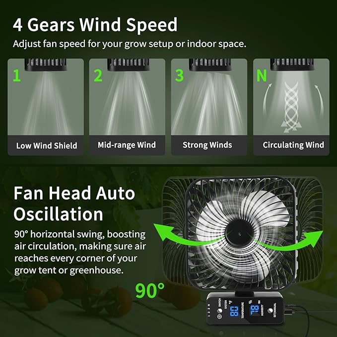 Grow Tent Fan 6” LCD Display with Sensor Adjustable Temp &amp Humidity Control 4-Speed 90° Oscillating Fan Strong Airflow for Indoor Growing Mushroom Box Desk Use
