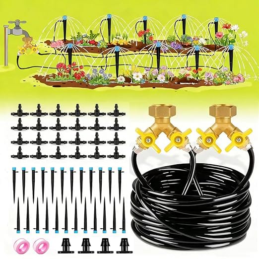 98.4ft Drip Irrigation System Garden Watering Kit with Heavy Duty Solid Brass Splitter 1/4 Tubing Adjustable Emitters DIY Automatic Irrigation for Patio Greenhouse Flower Bed