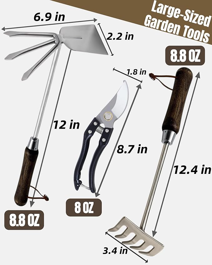 Garden Tool Set 6PCS Heavy Duty Stainless Steel Gardening Hand Tools with Ropes Includes Hand Cultivator Shovel Trowel Transplanter 2-in-1 Hoe Pruner Ideal Gardening Gifts for Women Men (Classic)