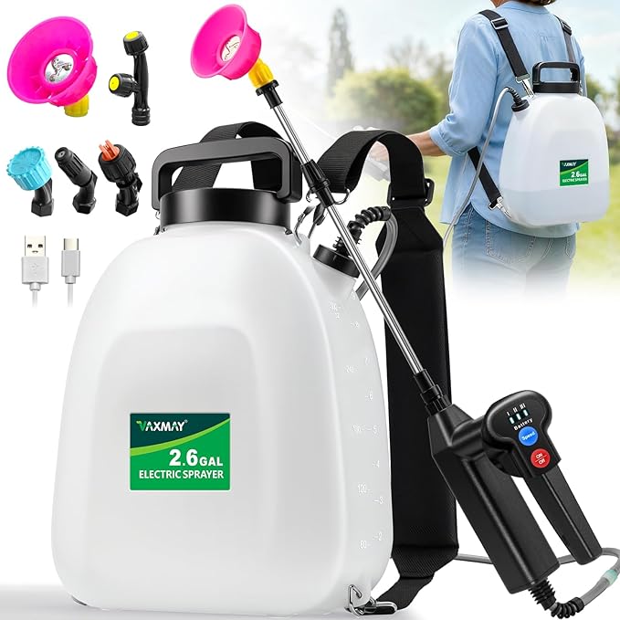 VAXMAY Battery Powered Sprayer 2.6 Gallon Backpack Sprayer with 3 Adjustable Forces Battery Indicator 5 Mist Nozzles 41 Retractable Wand USB Rechargeable Garden Sprayer for Weed Lawn Yard