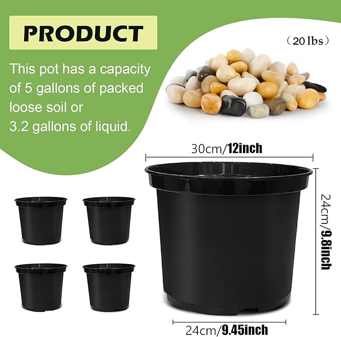 5 Gallon Pots with 20lbs Rocks 12 Inch Plastic Nursery Pots with Drainage Holes Round Sturdy Garden Pots with Stones Deep Nursery Pots for Plants Gardening Gifts for Women (10-Pack Black)