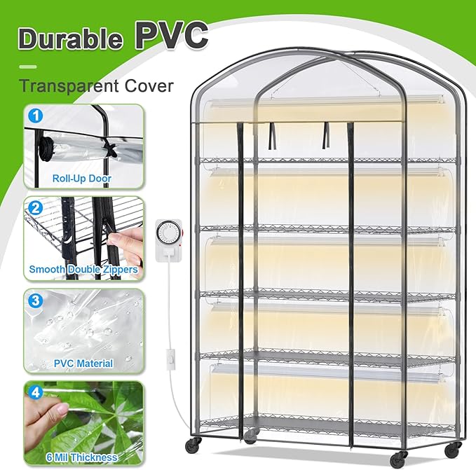 Abimars 5-Tier Greenhouse with Grow Light Shelf Height Adjustable Metal Plant Shelf with PVC Cover and Wheels Includes 5-Pack 2900K Full Spectrum Plant Lights 21x49x80inch
