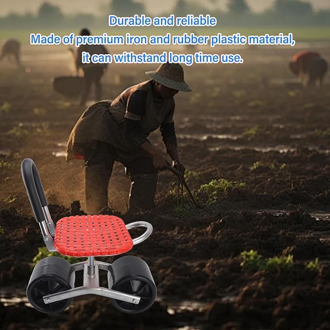 Garden Rolling Work Seat with 2 Wheels Adjustable Height Iron Gardening Stool - Durable Construction Space Saving Design Ideal for Field Work and Gardening