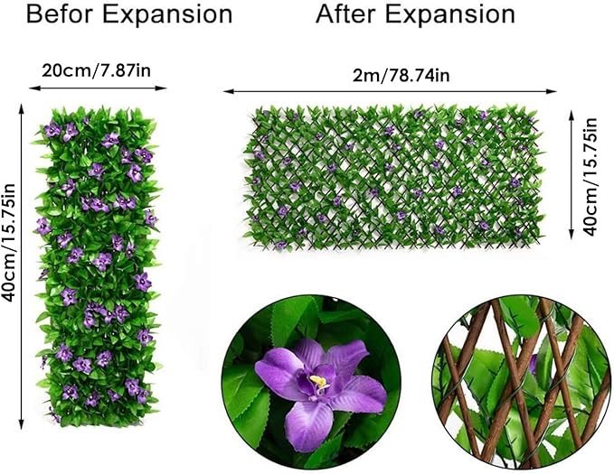Expanding Garden Trellis Panel Artificial Hedge Wall Panels Garden Privacy Screen with Ivy and Violet Flower Adjustable Fake Leaf Wall Greenery Hedge Plant for Gardens Backyard Balcony