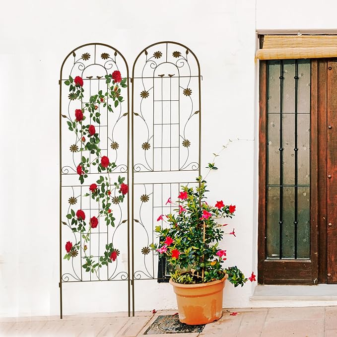 Metal Garden Trellis for Climbing Plants (2-Pack) – 86.7'' Tall x 19.7'' Wide Rustproof Design with Decorative Bird+Flower Accents | Perfect for Cucumbers Beans Vegetable Support (Brown)