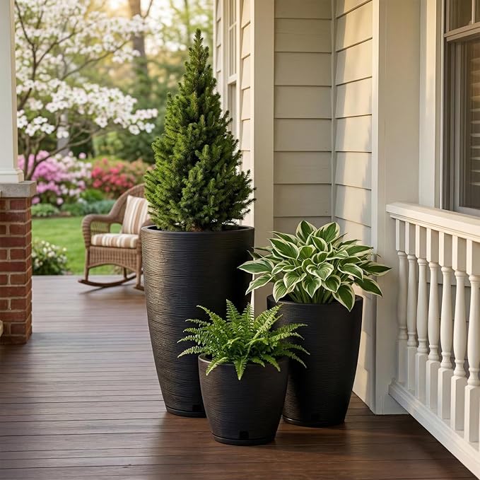 Floridis Set of 3 Black Planters for Indoor Outdoor Plants 11/17/25 Inch Plastic Plant Pots with Drainage Hole and Saucer for Patio and Front Porch