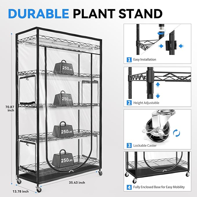 JESLED Indoor Greenhouse with Grow Light 3FT Full Spectrum 5000K LED Light for Seed Starting Tiered Lighting Control Built-in Timer &amp Thermo-Hygrometer Rolling Metal Plant Stand (35.4x13.8x70I