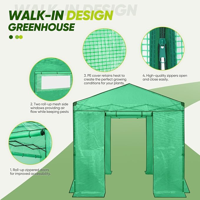 EAGLE PEAK 8x8 Portable Walk in Greenhouse Pop Up Indoor Outdoor Greenhouse Green House Kit with Zippered Roll-Up Doors and Windows PE Cover Clear/Green