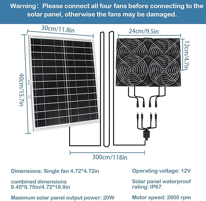 20W Solar Powered Exhaust Fan Kit with Solar Panel &amp 4-Pack High-Speed Brushless DC Fans 2600RPM 9.8ft Cord Waterproof for Greenhouses AtticShedBarnDog House