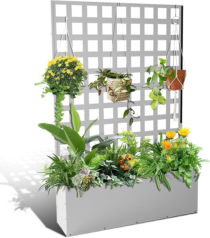 Metal Planter Box with Trellis Raised Garden Bed with Trellis 71x47x12 Planter Box with Privacy Screen and Drainage Holes for Climbing Plants Flower Privacy Planters for Patio White