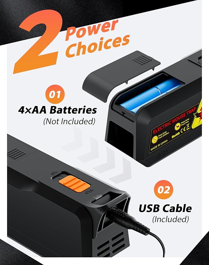 2 Pack Electric Mouse Trap Zapper with Powerful Voltage Effective Electronic Mouse Traps Indoor for Home No-Touch Disposal Reusable Mice Catcher for Kitchen Living Room and More (Black)