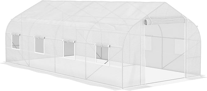 Outsunny 20' x 10' x 7' Walk-in Greenhouse Tunnel Green House with Galvanized Steel Frame Hoop House Kit with Zippered Door and 6 Windows White