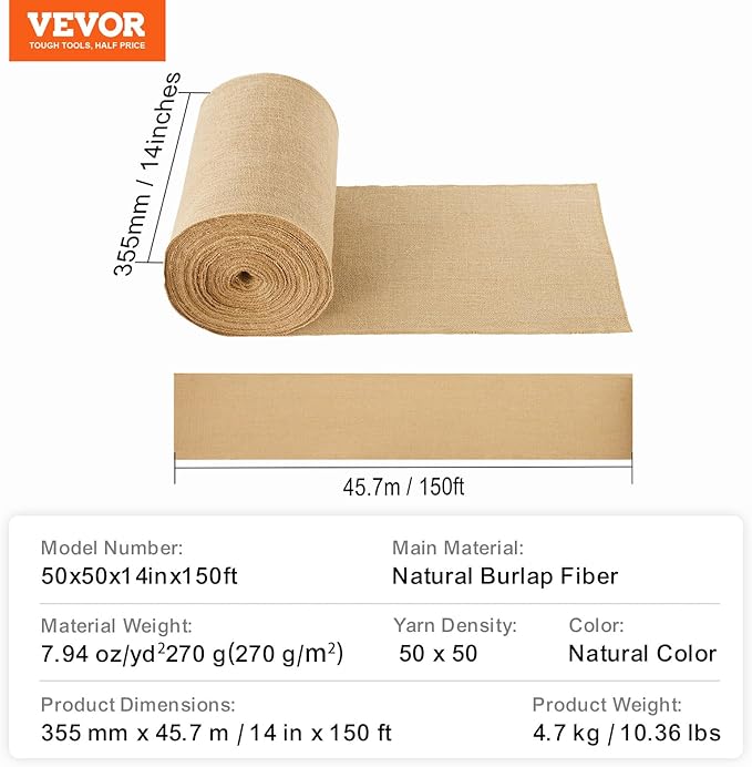VEVOR Burlap Fabric Roll 14” x 150 ft &amp 45 x 45 High Density Wide Natural Burlap Fabric Rolls Jute Fabric Burlap Tree Wrap Roll for Decor Crafts Wedding Gardening Plant &amp Tree Winter Co