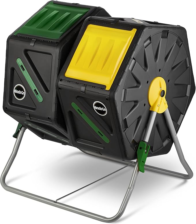 Miracle-Gro Dual Chamber Compost Tumbler – Easy-Turn Heavy-Duty Outdoor Bin Composter with 2 Sliding Doors (2x18.5 Gal/70L