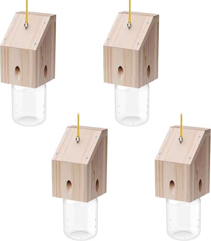 Carpenter Bee Trap for Outside - Shed Style Nature Hanging Wood Trap for Outdoor with Removable Bee Vault Plastic Jar (4 Pack)