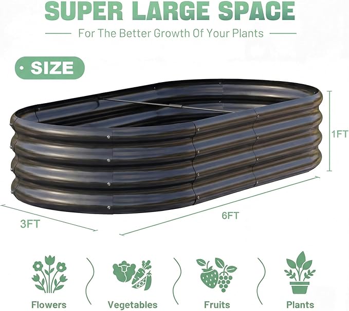 AHEONLAR 3 Pack 6×3×1ft Galvanized Raised Garden Beds Oval Durable Planter Boxes Outdoor for Vegetables Fruits Flowers and Plants Quick Assembly Black