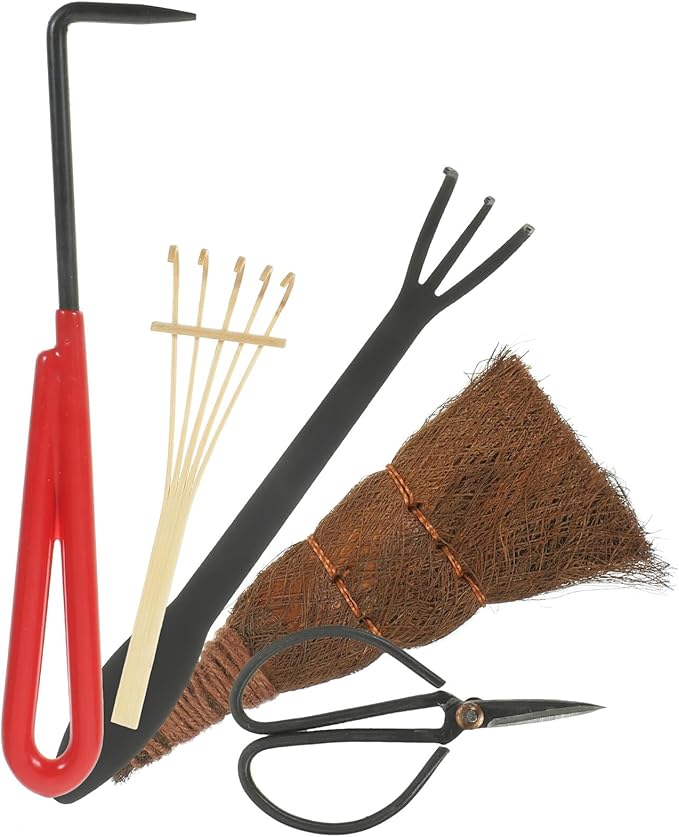 TEHAUX 5pcs Garden Tool Set with Pruning Scissors Rake and Hand Trowel for Bonsai and Potted Plants Sturdy Gardening Hand Tools Kit for Soil Loosening and Plant Trimming in Backyard