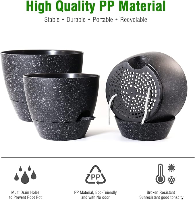 Large Self Watering Pots 12/10/9 Plastic Planters with High Drainage Holes and Deep Reservoir for Indoor Outdoor Garden Plants and Flowers Black Speckles