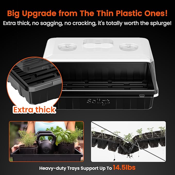 SOLIGT [Thick Plastic] 3-Set Strong Seed Starter Trays with 5 Humidity Domes for Seed Starting Germination Seedling Propagation &amp Plant Growing Holds 144 Cells in Total