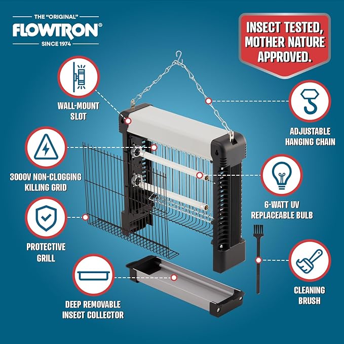 Flowtron Indoor Bug Zapper: 3000V Electric Insect Killer &amp Mosquito Trap - 300 Sq Ft Coverage - 12W Dual UV Light Fly Zapper for Kitchen Bedroom RV &amp Restaurant - Safe Gnat &amp Moth Killer