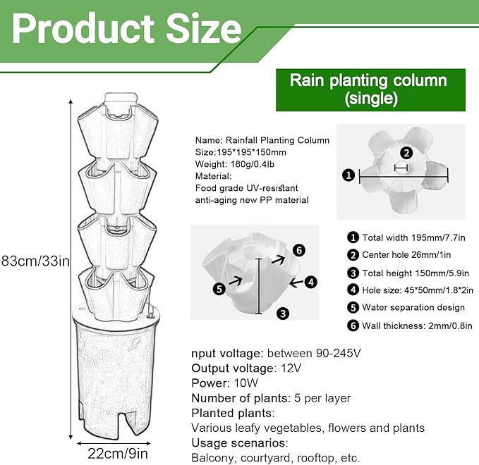 Tower Garden Growing System 4/8/10/12 Layer Hydroponic Tower with Pump and Mobile Water Tank Vertical Hydroponic Garden Tower for Gardening Lover(White83cm/33in)