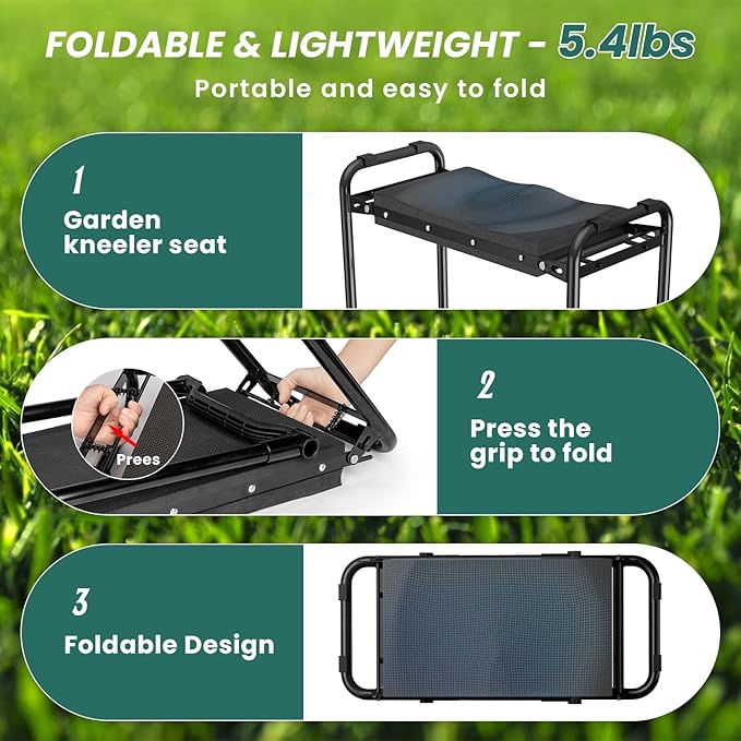 VOPEAK Garden Kneeler and Seat Heavy Duty Foldable Garden Stool with Upgraded Widened Thick Kneeling Pad Stable Garden Kneeler with 2 Large Tool Bags Gardening Gifts for Women Men Seniors Green
