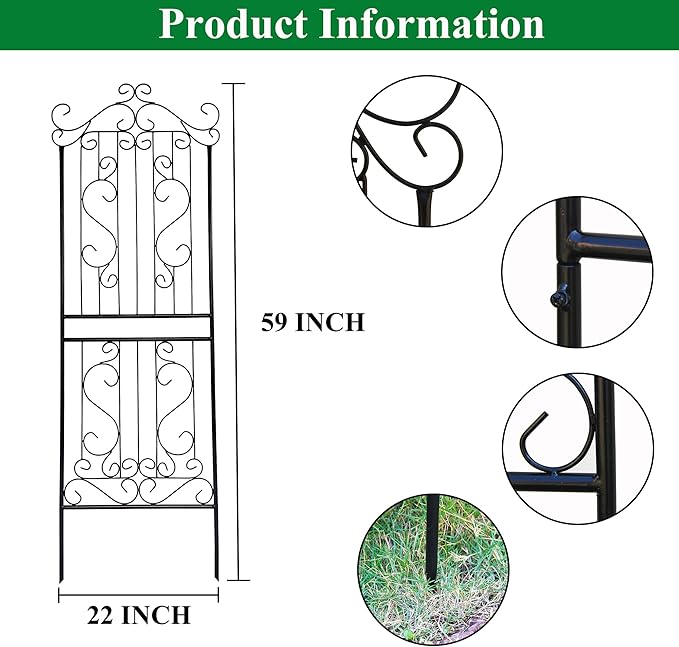 1 Pack 59 H x 22 W Garden Trellis for Climbing Plants Outdoor Plant Climbing Rose Trellis Iron Trellis Ivy Cucumbers Decorative Metal Black