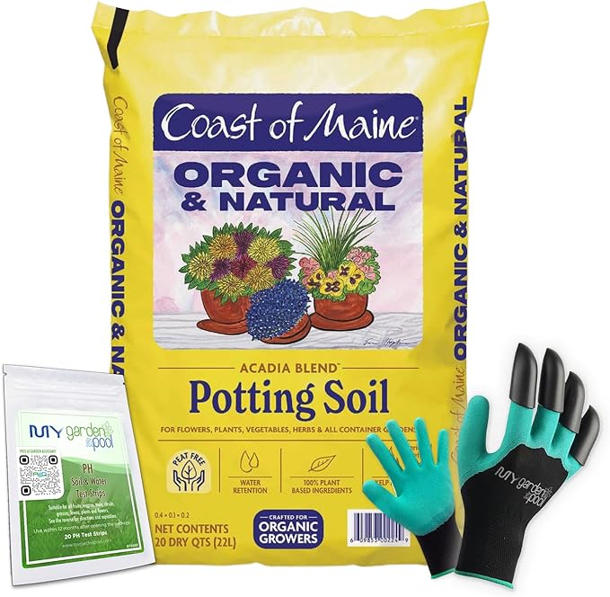Coast of Maine AC3500 Acadia Peat-Free Potting Soil 20 qt with My Garden Pool 7-in-1 Soil Test Strips 20 ct. and Claw Gardening Gloves
