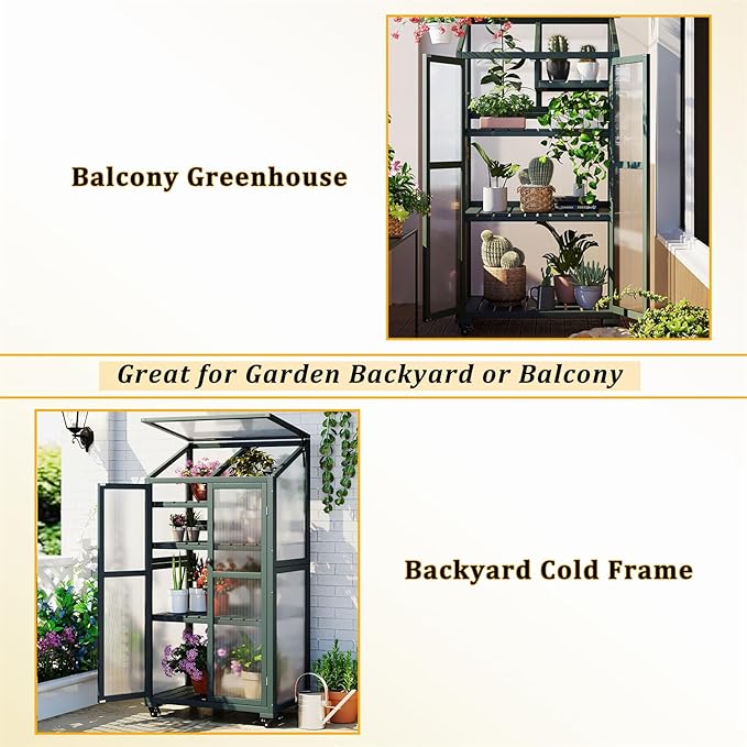 Polibi Wooden Greenhouse Cold Frame Portable Greenhouse with Wheels and Adjustable Shelves for Indoor Outdoor Patio Balcony Garden 31.5 Lx22.4 Wx62 H Forest Green