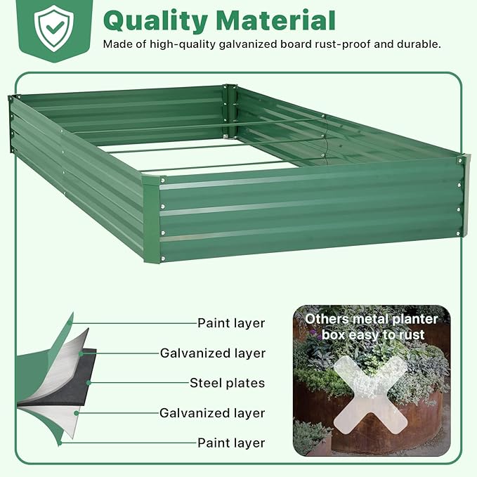 ONCEMORE Galvanized Raised Garden Bed for Vegetables Flowers Herbs Metal Raised Garden Bed Kit with 2 PCS Tomato Cage Gloves Trellis Netting Plant Labels Plant Ties Green 6×3×1FT