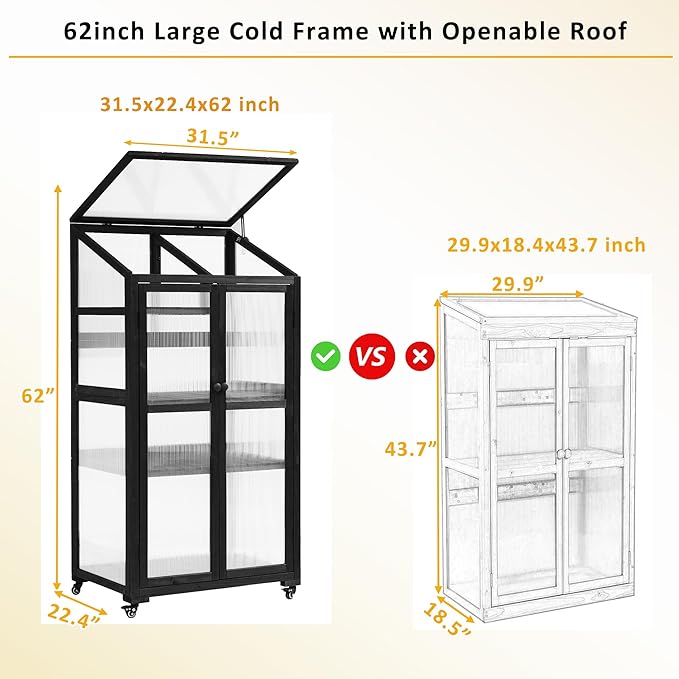 62inch Height Wood Large Greenhouse Balcony Portable Cold Frame with Wheels and Adjustable Shelves for Outdoor Indoor Backyard Mudroom (Black/Garden)