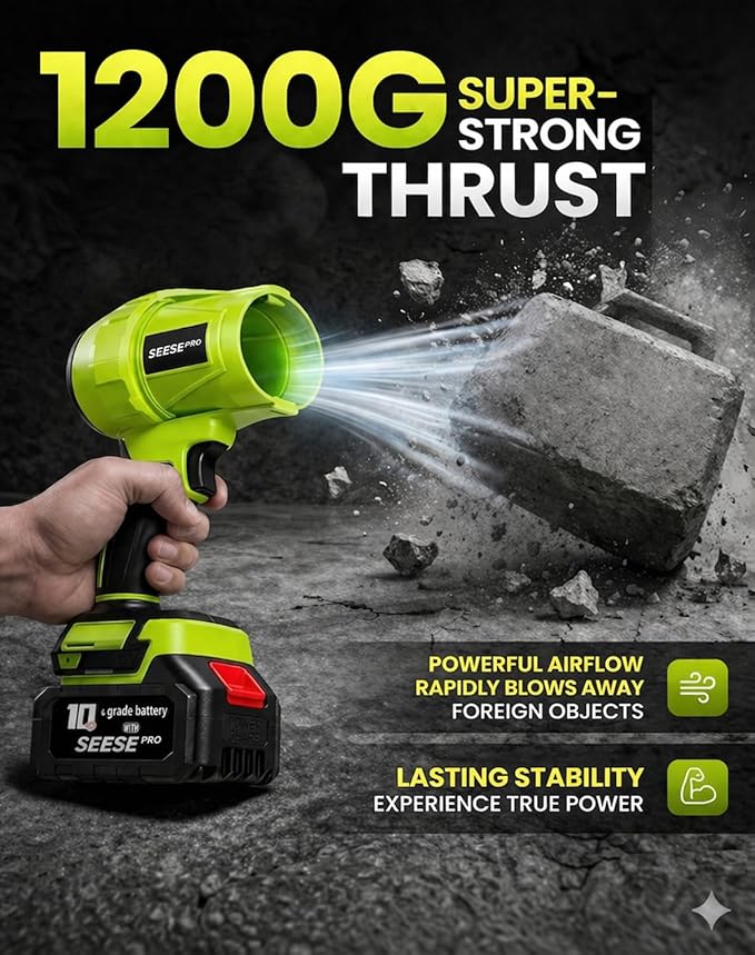 980000 RPM Cordless Leaf Blower with 1200g Thrust 1200 CFM &amp 200 MPH Airflow Ultra-Light Turbo Handheld Blower for Patio Lawn Leaves Car Drying (1 * 10 Batteries Set)