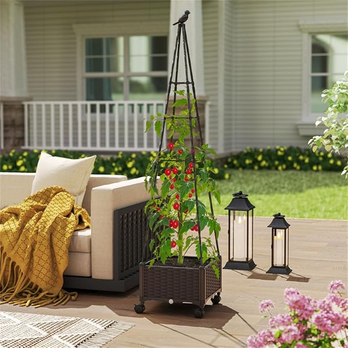 Garden Bed Planter Box with Trellis Tomato Planters for Climbing Plants Vegetable Vine Flowers Outdoor Patio Tomatoes Cage with WheelsPlanter Box with Trellis Easy Assembly &amp Expandable