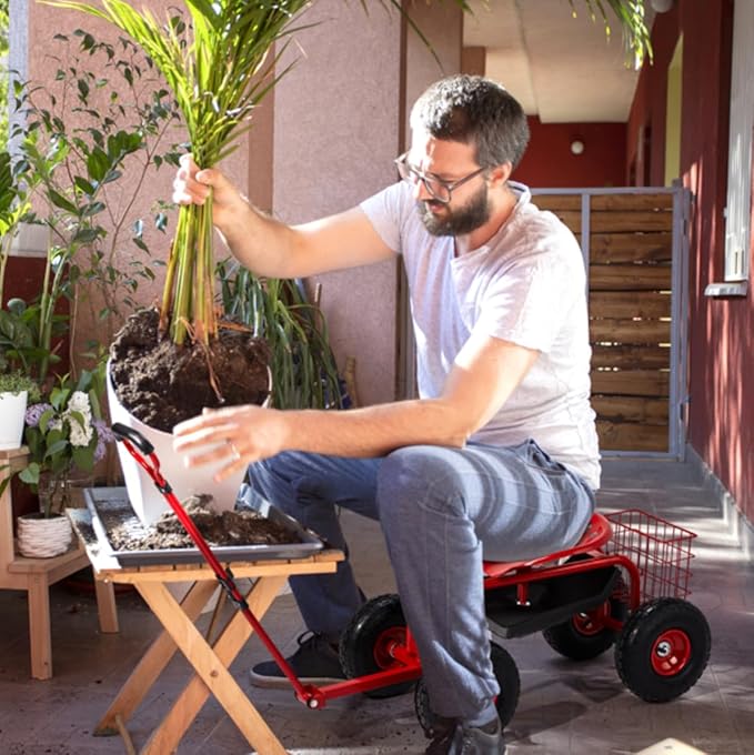 Rolling Garden Cart with Ergonomic Seat Outdoor Gardening Stool for Planting Garden Scooter with 360 Degree Swivel Seat &amp Steering Handle &amp Tool Tray (Handle Red)