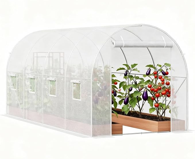 Premium 14.6x6.4x6.3 Ft Greenhouse for Outdoors Large Walk-in Heavy Duty Galvanized Steel Frame Mesh Door Screen Window Tunnel Hoop Garden Plant Winter Hot House for Backyard Plants Shed White