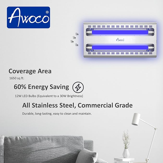 Awoco 11W LED Stainless Steel 100V-240V UV Light Fly Traps Indoor Sticky Electric Fly Trap for Capturing Flies Mosquitoes Moths and Flying Insert Silent Bug Light for Home Restaurant Garage