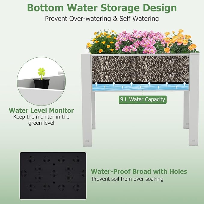Raised Garden Bed Outdoor Elevated Planter Boxes with Legs &amp Water Level Indicator Garden Box Self-Watering Raised Beds for Gardening Balcony &amp Deck (Greyish-White)