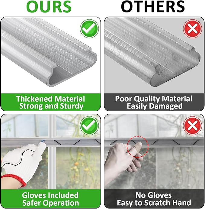Greenhouse Spring Wire &amp Lock Channel - 10 Sets 6.6 ft PVC Coated Spring Wire &amp Aluminum Alloy U-Channel Bundle with Nylon Gloves for Fast Fix Poly Film Shade Cloth