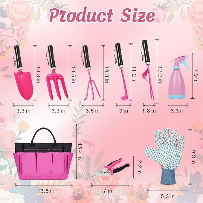 Gardening Tools 9-Piece Heavy Duty Gardening Hand Tools Set (Pink)Stainless Steels and Reinforced Garden Supplies Kit Durable Garden Tools Organizer HandbagIdeal Garden Gifts for Women