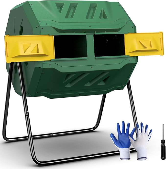 JupiterForce Outdoor Dual Chamber Compost Tumbler 43 Gallon Large Compost Bin Outdoor 360° Rotating Tumbling Composter with 2 Sliding Doors for Kitchen Garden and Yard Waste Green (BPA Free)