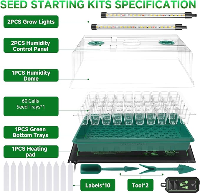Seed Starter Tray with Grow Light and Thermostat Controller Heat Mat 10x 20.75 Heat Mats for Plant Growing68-113°F AdjustableColor Change Grow LightsGermination Trays Kits (Green 60 Cells)